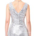 Kate Kasin Sexy sin mangas de cuello en V de plata brillante Long Sequined vestido de fiesta de baile KK000199-3